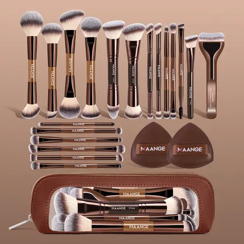 Maange 22-Piece Makeup Brush Set, Brush Makeup Kit with 19 Cosmetic Brushes, 2 Powder Puffs, Storage Bag, Foundation Brush, Blush Brush, Eyeshadow Brush, Mascara Brush