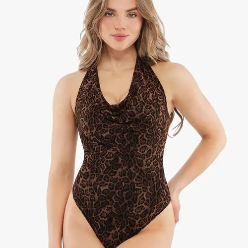 Popilush Shapewear Cowl Neck Halter Tummy Control Bodysuit for Women Slimming Smooth Fit One Piece Body Shaper