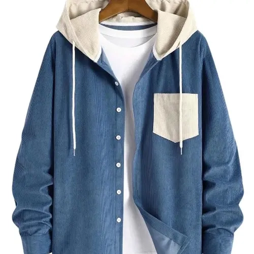 Men's Colorblock Striped Shirt Jacket, Corduroy Material, Hooded Design, New Stripe Open Front, Button Closure, Fashionable Men's Outerwear, Casual Jacket, Casual Outerwears