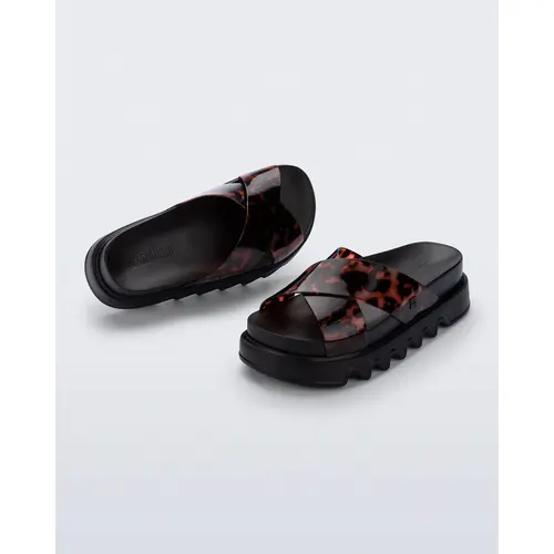 Melissa Women's Casual Cozy Cross-Platform Block Heel Sandals - Open Toe, Wavy Soles, Stable X-Shaped Straps, Bold Lines, Chunky, Black Summer Fashion Footwear Shoe