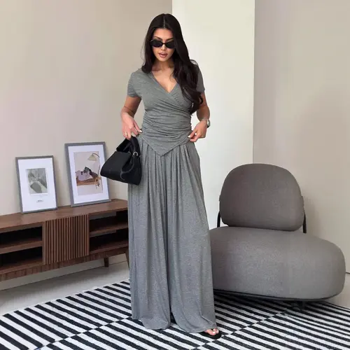 LikeMychoice Women's 2 Piece Outfit V Neck Wrap Top & High Waist Wide Leg Pants Set in Heather Grey Breathable Women's Casual Set