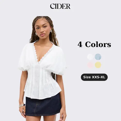 Cider Vintage Summer Broderie Anglaise Blouse for Casual Daily, Elegant Cotton Pleated Tops, Sheer Fabric, Camisole Recommended, Ladies Shirred Shirt, Retro Vacation Outfits, Lady Tops