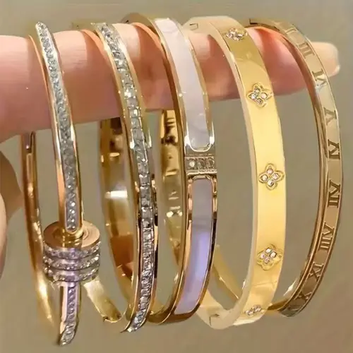 5-Piece Waterproof Titanium Steel Bracelet Set, Rhinestone Star Design, Plated, Versatile Style, Unisex Jewelry, Stackable Bracelets