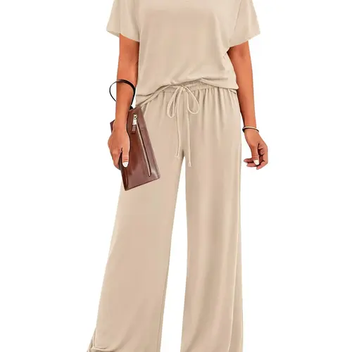 BTFBM 2-Piece Sets for Women Summer V Neck Short Sleeve Lounge Set Wide Leg Pants Matching Set Airport Travel Outfits #Clearance