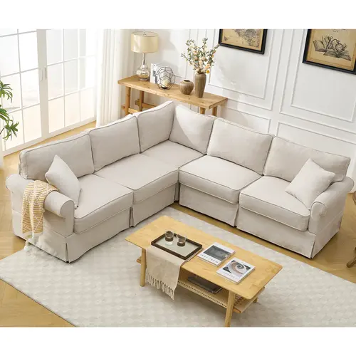 Niccae 5-Seat Modular Convertible Reversible L-Shaped Upholstered Corner Sofa Set with Rolled Arms, Soft Linen Fabric, Dark Gray Sofas for Living Room,sohochic