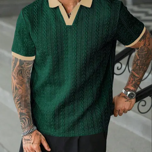 Men’s Cream V-Neck Polyester Knit Polo Shirt - Contrast-Color, Short-Sleeve, Textured, Retro-Style, Fitted Cut, Medium Length Male Clothing for Casual Commuting, Moire Stripes