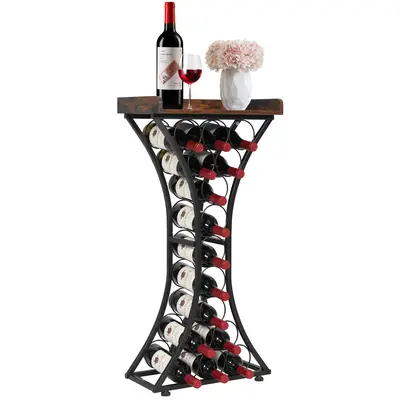 【FathersDayGift】VEVOR Sturdy Iron Freestanding 15-Bottle Wine Rack - Shaped Floor Wine Holder with Wood Tabletop, Glass & Champagne Shelf, for Home Bar, Kitchen, 16.9''L x 11.4''W x 35.2''H