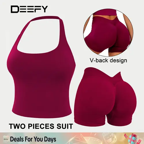 [SIZE UP 1] DEEFY Two Pieces suit Impact Halter Top & V-Back Scrunch Shorts  High Support Butt Lifting Gym Yoga Activewear Set #BackToSchool