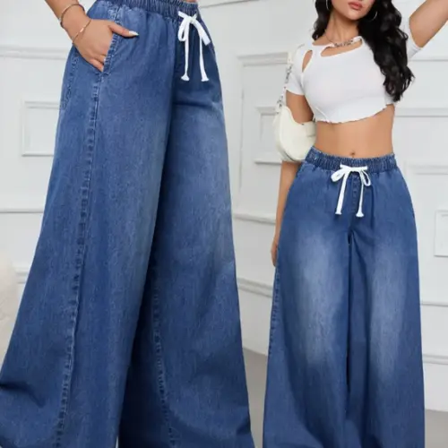 Women's Loose Fit High Waisted Denim Wide Leg Pants, Spring Summer Fashion Casual Streetwear Elegant High Rise Jeans, Comfortable Elastic Waist Ladies' Clothing