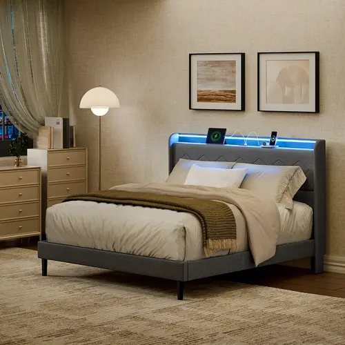 Sweetcrispy Upholstered Bed Frame with Height-Adjustable Headboard, 3 USB Ports, Type-C Quick Charge, Reinforced Metal, LED Mood Lighting, LED Strip Creates a Cozy Bedroom Glow, Bluetooth Controller - Height-Adjustable Bed Frames