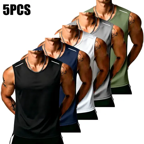 Men's 5-Pack Polyester Athletic Sleeveless Tank Tops, Grand Opening Offer, H-Shaped Cut Mesh Gym Outfits, Breathable Quick-Dry Lightweight Activewear for Fitness, Casual Summer Workouts, Athletic Activewear, Gymswear