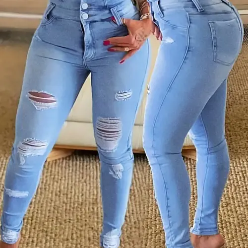 Women's High-Waisted High Waist Rise Casual Ripped Denim Jeans, Skinny, Fashionable Casual Elegant Design, Solid Color, Perfect for Spring & Summer, Trendy Long Pants, Streetwear, Trouser, Womenswear