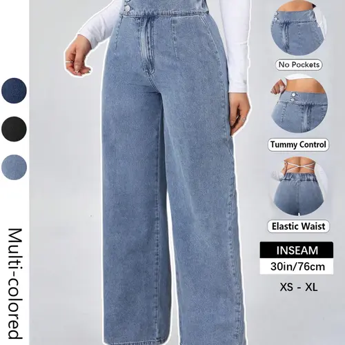 Women's Vintage Elegant Light Wash Denim Jeans High Waisted Elastic Button Fly Slim Fit Wide Leg Trouser Pants, Casual Streetwear Everyday Fashion Comfortable Design No Side Pockets