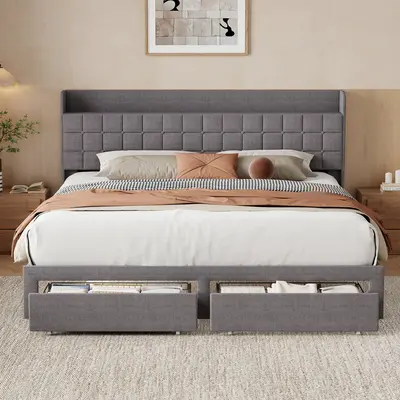 Sweetcrispy Queen Size Upholstered Platform Bed Frame - Sturdy Slatted Bed Base, Modern Upholstered Design, 2 Metal Storage Baskets, Fabric Headboard, No Box Spring Needed, Easy Assembly Bedroom Furniture, Upholstered Platform Bedframe