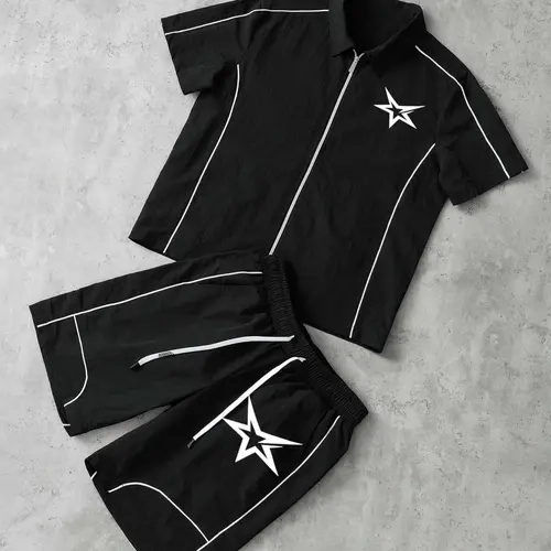 Stars Pattern Casual Outfits Set, Short Sleeve Zipper Shirt + Gym Shorts, Breathable Comfort, Spring Summer Daily Wear, Trendy Star Print Design