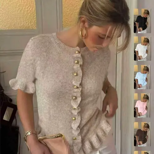 Women's Spring Summer Vintage Fashion Casual Round Neck Short Sleeve Knitted Cardigan Knitwear, Ruffle Design and Metal Buttons, Elegant Soft Sweater Knitting