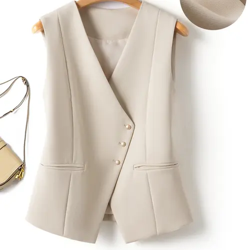 Women's V Neck Cross Button Vest, Spring & Fall Office Business Slim Fit Casual Outerwear, Versatile Daily Top