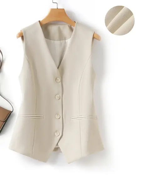 Women's Short V-Neck Sleeveless Single-Breasted Plain Suit Vest Tops, Spring & Fall Business Casual Office Commuter Style Layered Wear, Office Clothes, Short Suits Top, Fashion Slim Fit Outerwear Jacket