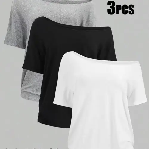 Women's Plus Size 3-Pack One-Shoulder Loose Short Sleeve T-Shirt, Summer Casual Solid Color Basic Top, Comfortable and Stylish #GLOBAL PICKS