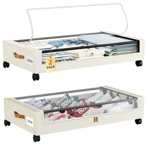 Somdot Under Bed Storage with Wheels, 2 Pack Bed Storage Containers with Dividers & Clear Lids, Easy Pull-out Metal Drawer for Clothes, Shoes,Toys, Blankets (Beige)