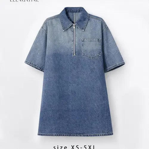 Elengatine Women's Oversized Vintage Washed Blue Polyester Denim Dress - Half-Zip Collared, Short Sleeve, 1 Chest Pocket, Loose Fit Garment - Plussize Clothes for Women (XS-5XL) for Daily, Street Style (Spring,Summer,Autumn)