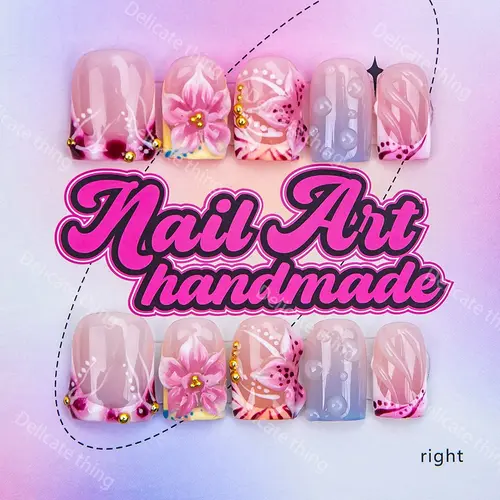 Delicatething Y2K Style Nail Set, Decorative Nails, Handmade French Tips Nails Design Nail Art Products DIY Kit with Beads, Jelly Glue, Crystal Stick and File, Perfect Gift for Women