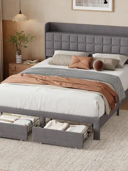 Sweetcrispy Gray Linen Upholstered Platform Bed Frame with Wingback Headboard, 2 Large Drawers, Button Tufted Design, Box-Spring Free (Queen/King Sizes)