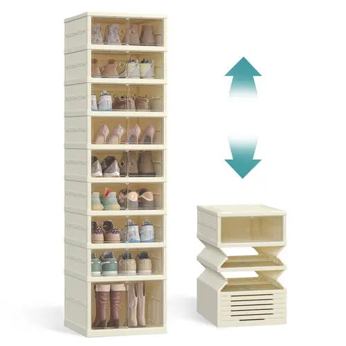 SONGMICS Foldable Shoe Organizer - Closet Organizer System with Magnetic Door, Stackable Durable Storage Cabinet, Plastic Bins for Entryway, Storage Organizer