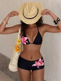 Women's Floral Print Swimsuit Set, Tie-Back Triangle Top and High-Waisted Shorts, Beach Swimsuit, Summer Vacation Beachwear, 2-Piece Flower Print Bikini