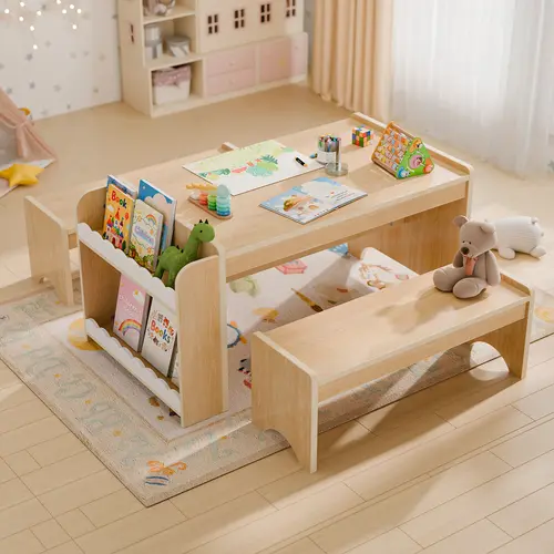 Topwin Montessori Group-Ready Table and Chair Set - Indoor Furniture with Large Top, Side Shelves to Sort Toys, Double-Shelf Tidy, Waterproof Surface, Smooth Finish, Quick Setup for Toddlers’ Nursery Learning