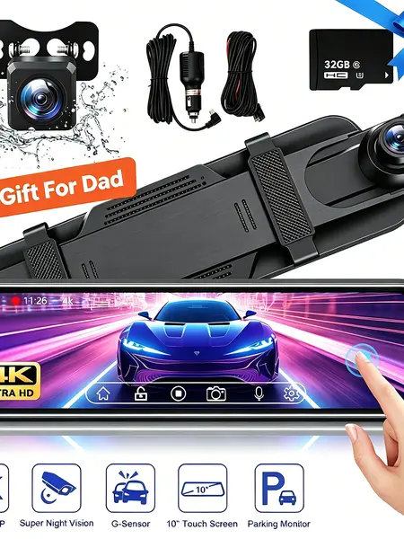 【ToolUpgrade】  10 Inch Rearview Mirror Dash Camera, 1080P Full HD Front & Rear Dash Cam, Touch Screen Car Backup Camera with Night Vision, Parking Assistance