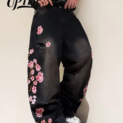 UP THE Men's Classic Plum Blossom Embroidered Wide Leg Baggy Jeans - Distressed Raw Hem, Pocket, Below Ankle, Casual Male Clothing Denim Pants