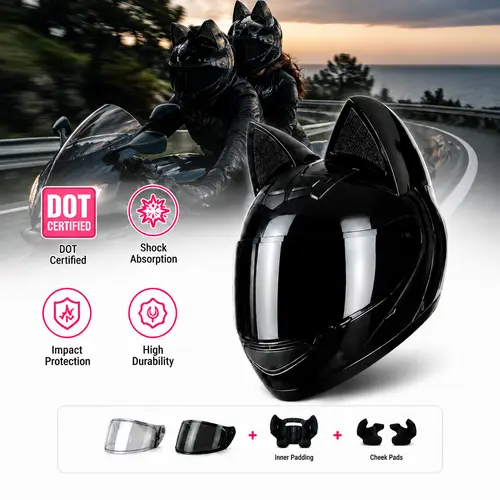 LeLW Cat Ear Motorcycle Helmet, Cute Full Face Helmet for Women & Men, DOT Certified Safety Helmet with Dual Visor, Removable Washable Liner, Bluetooth Ready, Adjustable Fit System, Includes Helmet Bag