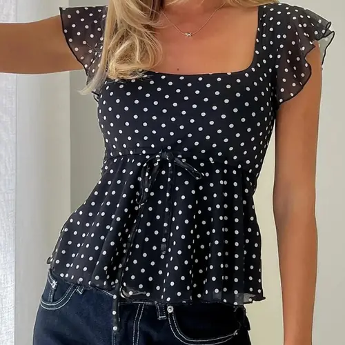 Chiffon Polka Dot Crop Top Women Cute Babydoll Daily Outfit Blouse Summer Tops