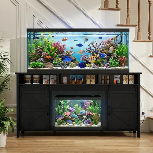 VOWNER 75-90 Gallon Fish Tank Stand with Power Outlet, Farmhouse Aquarium Stand with Storage Cabinet & Sliding Barn Doors, Heavy Duty Reptile Tank Stand, for 2 Tanks, 1000LBS Capacity