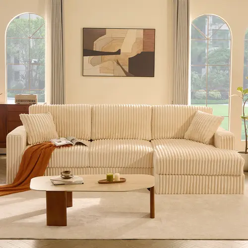 【4 Packages Shipping】Queen Sofa,Cloud Couch 113" Sectional Sofa, 3-Seater Modular Couch with Corduroy Upholstery, Deep Seats, High Backrest & Pocket Spring Cushions for Living Room, Fluffy Sofa Set,Modern Sofas,Couches, Right facing chaise