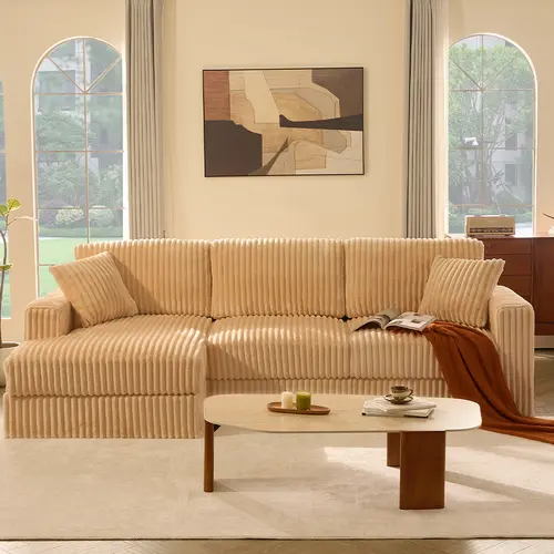 【4 Packages Shipping】Queen Sofa,Cloud Couch 113" Sectional Sofa, 3-Seater Modular Couch with Corduroy Upholstery, Deep Seats, High Backrest & Pocket Spring Cushions for Living Room, Fluffy Sofa Set,Modern Sofas,Couches, Left facing chaise