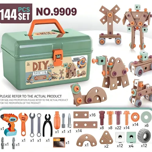 144Pcs Kids Tool Set with Drill & Toolbox, STEM Montessori Pretend Play Educational Construction Toys, Unisex Science Toys for 3-5 Year Olds, Cool Gifts for Kids with Children Development & Enhances Learning Through Play,sohochic