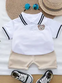 Baby Summer Cartoon Bear Head Embroidered Polo Shirt Shorts Set, Outfit, Clothes, Baby Clothing, Cute Toddler, Comfortable Material, Perfect for Playtime