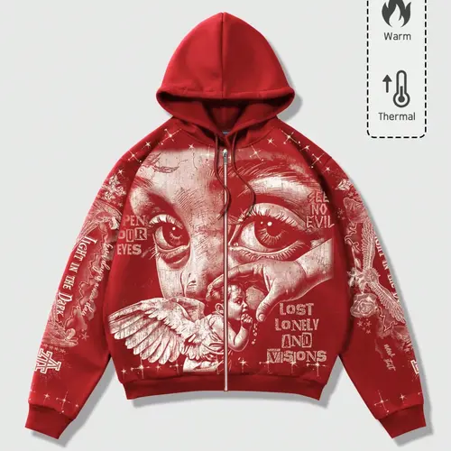 Men's Y2K Retro Streetwear Hoodie, Casual Oversized Loose-Fit Jacket, Angel Wings Graffiti Print, Zip-Up Sweatshirt, Dark Fashion, Trendy Graphic Hoodies, Hooded Top, Zipper Hoodie