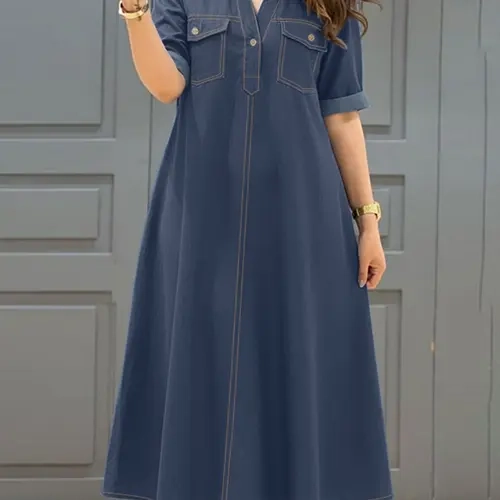 ZANZEA Women's Solid Color Dress, Half Button Front, Lapel, Reversible Sleeve Ends, Pockets, Contrast Stitching, Suitable for Daily Commuting
