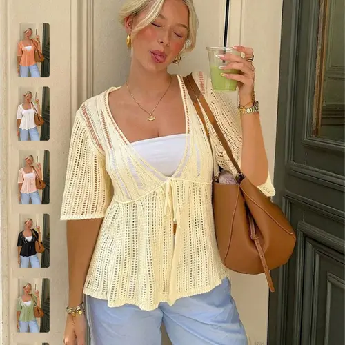 Women's Summer New Loose Casual Basic Knitwear Cardigan, Fashion Knit Clothing, Hollow-Out Bow Tie-Front Low Neck Short-Sleeve Crochet Mesh Sun Protection Top