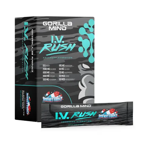 Gorilla Mind I.V. Rush Advanced Hydration Stick Packets (12 Servings) - Sugar-Free Clean Fitness Supplement, Potassium-Based Electrolyte Recovery & Hydration Drink Powder with High Sodium, Taurine, Trace Minerals for Adults' Rapid Rehydration Needs, Elect