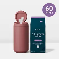 Biom Refillable Wipes Dispenser with 60-Ct Biodegradable Plant-Based All-Purpose Cleaners, Gentle on Skin, Smooth, Lavender-Scented, Universal & Everywhere-Use, Dispenser Included