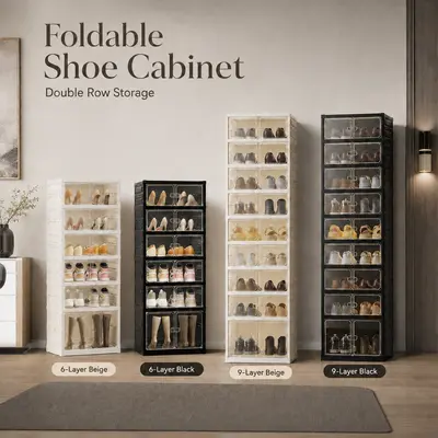 UFORU folding shoe rack, magnetic transparent door shoe cabinet, 9-layer storage for 18 pairs of shoes, simple design, large capacity, sturdy, stackable plastic shoe cabinet, space saving, no installation required