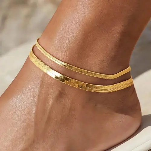 FREEKISS Gold Double Layer Snake Chain Anklet 3mm & 5mm Flat Chains Minimal Chic Ankle Bracelet for Summer Casual Wear outdoorfun Trendy Jewelry summerwins Fashion Chic Accessories Elegant Accessory