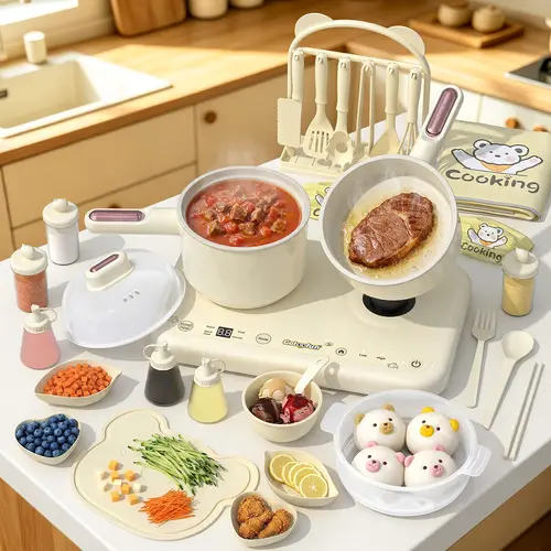 Gotoofun Pink Dual-Stove Mini Realistic Pretend Play Cooking Set - Safe & Functional Design, Compact Montessori Toy with Pretend Play Dishes, Cooking Tools, Kids’ Kitchen Tools, Mini Food Gadget Toy, for 5-12 Yr Olds, Ideal for Birthdays,sohochic