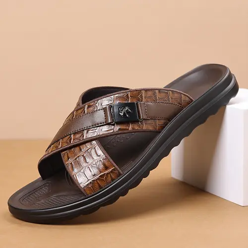 Men’s Summer PU Leather Non-Slip Business-Leisure Slipper Sandals - Breathable Flat Shoes Sandals with PU Sole, Cómodos Men's Fashion Slippers for Outdoor Casual Use,sohochic
