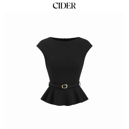 Cider Boat Neck Belted Ruffle Hem Metal Detail Peplum Top