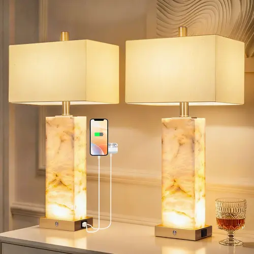VALLERICO 2-Piece Table Lamps Set - 60W, USB A/C Ports, 3-Way Touch Dimmer, Nightlight Mode, Marble Base, Resin Build, Lights for Bedroom, Guest Room, Tabletop Home Decor,SohoChic
